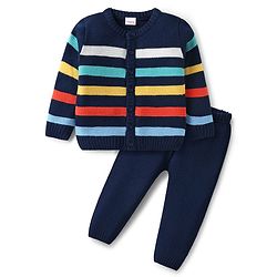 Babyhug Knit Full Sleeves Front Open Striped Sweater Set - Navy Blue