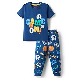 Babyhug Cotton Knit Half Sleeves Night Suit With Text & Football Print - Navy Blue
