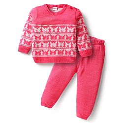 Babyhug Knit Full Sleeves Sweater Set With Butterfly Design - Pink