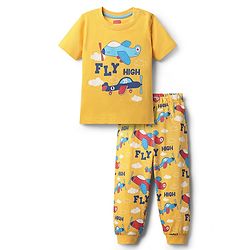 Babyhug Cotton Knit Half Sleeves Night Suit With Aeroplane Print - Yellow