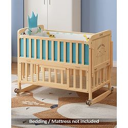 Babyhug 6 in 1 Baby Cot with Rocking Function - Beige| Parent Bed Attachment| Study Table| Diaper Changing Station| Storage| Junior Bed| New Zealand Pinewood| Mosquito Net| Wheels with Lock| Baby Safe