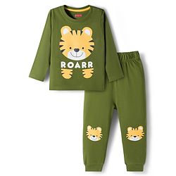 Babyhug Cotton Knit Full Sleeves Night Suit With Tiger Print - Green