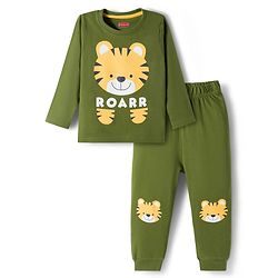 Babyhug Cotton Knit Full Sleeves Night Suit With Tiger Print - Green