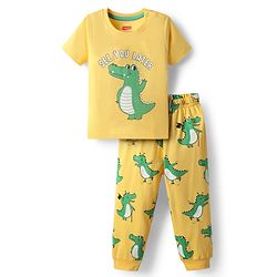 Babyhug Cotton Knit Half Sleeves Night Suit With Dino Print - Yellow