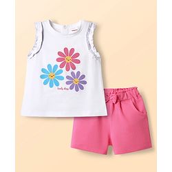 Babyhug Single Jersey Knit  Sleeveless Top & Shorts Set With Floral Print - Dark Pink & White