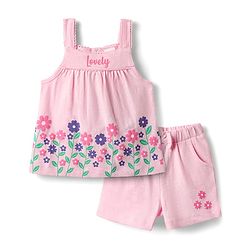Babyhug Single Jersey Knit Sleeveless Top & Short Set With Floral Print - Pink