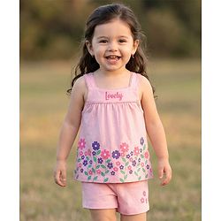 Babyhug Single Jersey Knit Sleeveless Top & Short Set With Floral Print - Pink