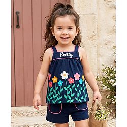 Babyhug Single Jersey Knit Sleeveless Top & Shorts Set With Floral Print - Navy Blue