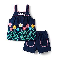 Babyhug Single Jersey Knit Sleeveless Top & Shorts Set With Floral Print - Navy Blue