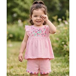 Babyhug Single Jersey Knit  Sleeveless Top & Shorts With Floral Print -Pink & White