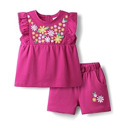 Babyhug Single Jersey Knit Sleeveless Top & Shorts With Floral Print - Dark Pink