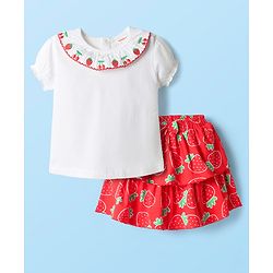 Babyhug Single Jersey Knit Half Sleeves Top and Skirt Set with Floral Embroidery & Print - White & Orange