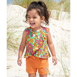 Babyhug Single Jersey Knit Sleeveless Top & Shorts Set With Floral Print - Multicolour