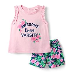 Babyhug Single Jersey Knit Sleeveless Top & Shorts Set With Floral Print - Pink
