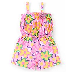 Babyhug Cotton Knit Sleeveless Jumpsuit With Floral Print & Applique - Pink