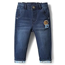 Babyhug Denim Full Length Jeans With Text Embroidery - Navy Blue