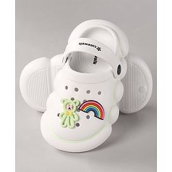 Cute Walk by Babyhug Back Strap Closure Clogs With Rainbow & Teddy Bear Applique - White