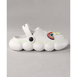 Cute Walk by Babyhug Back Strap Closure Clogs With Rainbow & Teddy Bear Applique - White
