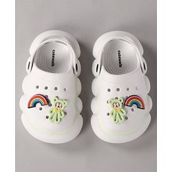 Cute Walk by Babyhug Back Strap Closure Clogs With Rainbow & Teddy Bear Applique - White