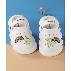 Cute Walk by Babyhug Back Strap Closure Clogs With Rainbow & Teddy Bear Applique - White