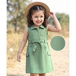 Babyhug Cotton Woven Sleveless Solid Color Frock with Belt - Green