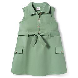 Babyhug Cotton Woven Sleveless Solid Color Frock with Belt - Green