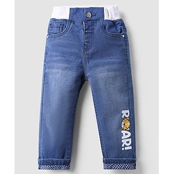 Babyhug Full Length Washed Denim Jeans With Stretch & Roar Print - Blue
