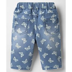 Babyhug Denim Capris With Stretch & Butterfly Print - Blue