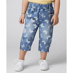 Babyhug Denim Capris With Stretch & Butterfly Print - Blue