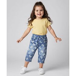 Babyhug Denim Capris With Stretch & Butterfly Print - Blue