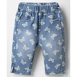 Babyhug Denim Capris With Stretch & Butterfly Print - Blue