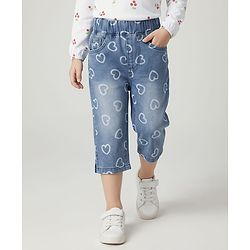 Babyhug Denim Capri With Stretch & Heart Print - Blue