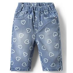 Babyhug Denim Capri With Stretch & Heart Print - Blue