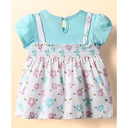 Babyhug Single Jersey Knit Half Sleeves Frock With Floral Print & Smocking Detail - White & Light Blue