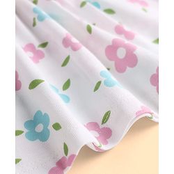 Babyhug Single Jersey Knit Half Sleeves Frock With Floral Print & Smocking Detail - White & Light Blue