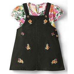 Babyhug Cotton Knit Frock & Half Sleeves Inner Tee With Floral Print & Embroidery - Dark Green