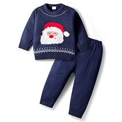 Babyhug Knit Full Sleeves Sweater Set with Santa Design - Navy Blue
