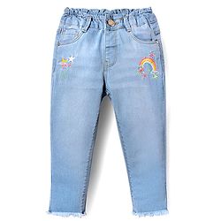 Babyhug Denim Full Length Washed Jeans With Stretch & Rainbow Embroidery - Light Blue