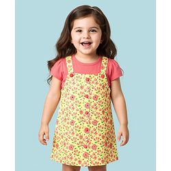 Babyhug Cotton Knit Half Sleeves Floral Printed Frock With Inner Tee - Yellow & Red
