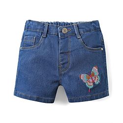 Babyhug Denim Mid Thigh shorts With Butterfly Embriodery - Blue