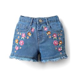 Babyhug Denim Mid Thigh Shorts With Floral Embroidery - Blue