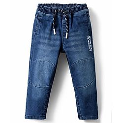 Babyhug Denim Full Length Washed Cut & Sew Jeans With Text embroidery & Stretch - Blue
