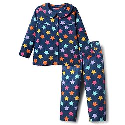 Babyhug Cotton Knit Full Sleeves Front Open Co-ords Night Suit With Star Print - Navy Blue