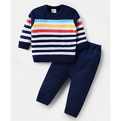 Babyhug Knitted Full Sleeves Sweater Set with Stripes - Navy Blue & White