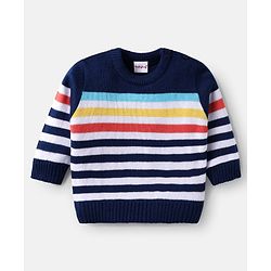 Babyhug Knitted Full Sleeves Sweater Set with Stripes - Navy Blue & White