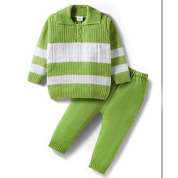 Babyhug Knit Full Sleeves Sweater Set With Colour Block Design - Green