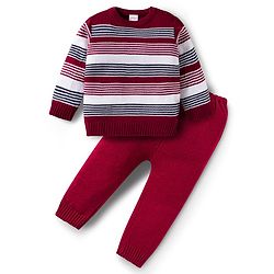 Babyhug Knit Full Sleeves Striped Pullover Sweater Set - Maroon
