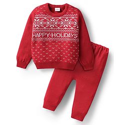 Babyhug Knitted Full Sleeves Sweater Set With Happy Holidays Design - Red