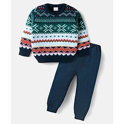 Babyhug Knitted Full Sleeves Sweater Set with Intarsia Design - Navy Blue