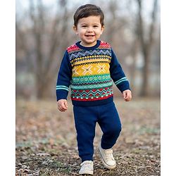 Babyhug Knitted Full Sleeves Sweater Set With Aztec Design - Navy Blue